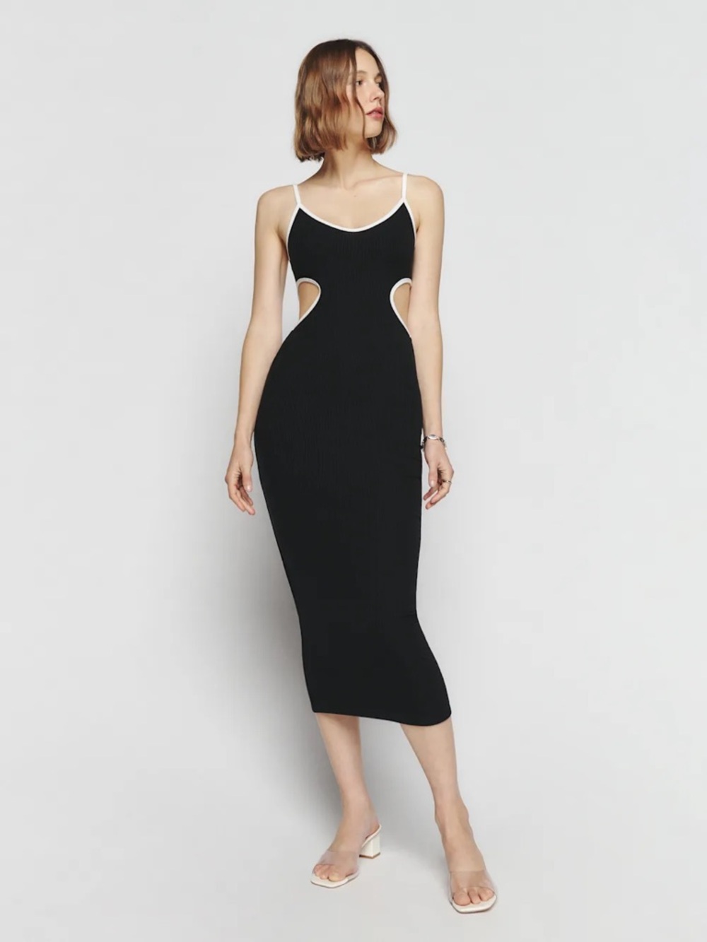 REFORMATION Black Cutout Midi Dress with White Trim